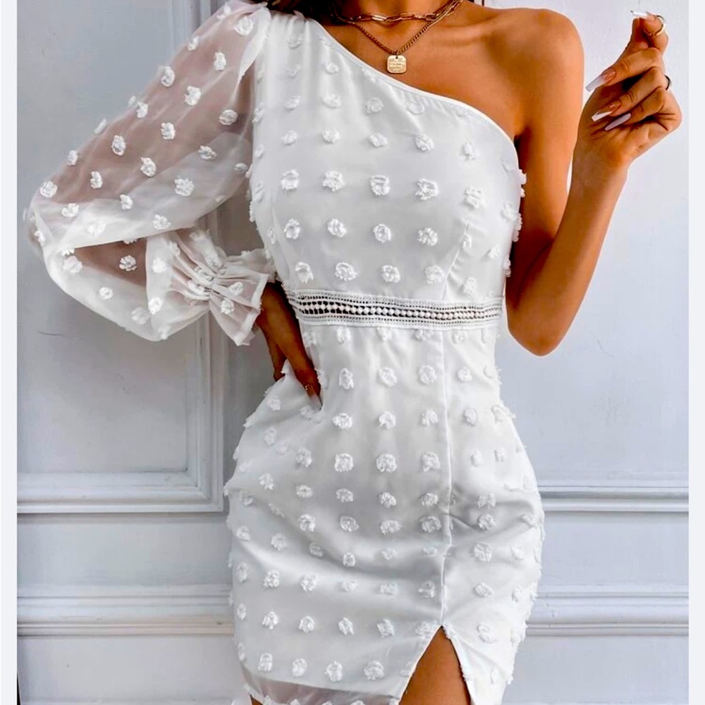 Swiss dot one shoulder split hem dress, Shein, white, size small